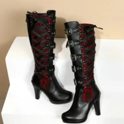 Women's Gothic Lace-Up High Heel Knee-High Boots with Multiple Buckle Straps - Steampunk Style Black Leather Boots with Red Lace Detailing, Perfect for Cosplay and Halloween