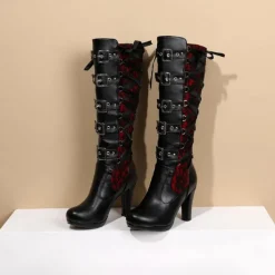Women's Gothic Lace-Up High Heel Knee-High Boots with Multiple Buckle Straps - Steampunk Style Black Leather Boots with Red Lace Detailing, Perfect for Cosplay and Halloween