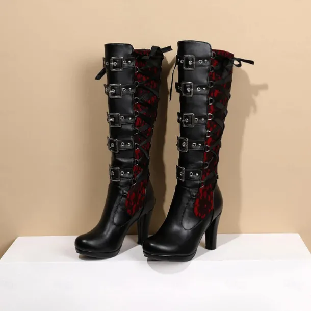 Women's Gothic Lace-Up High Heel Knee-High Boots with Multiple Buckle Straps - Steampunk Style Black Leather Boots with Red Lace Detailing, Perfect for Cosplay and Halloween