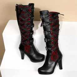 Women's Gothic Lace-Up High Heel Knee-High Boots with Multiple Buckle Straps - Steampunk Style Black Leather Boots with Red Lace Detailing, Perfect for Cosplay and Halloween