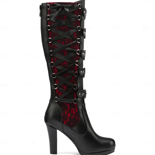 Women's Gothic Lace-Up High Heel Knee-High Boots with Multiple Buckle Straps - Steampunk Style Black Leather Boots with Red Lace Detailing, Perfect for Cosplay and Halloween