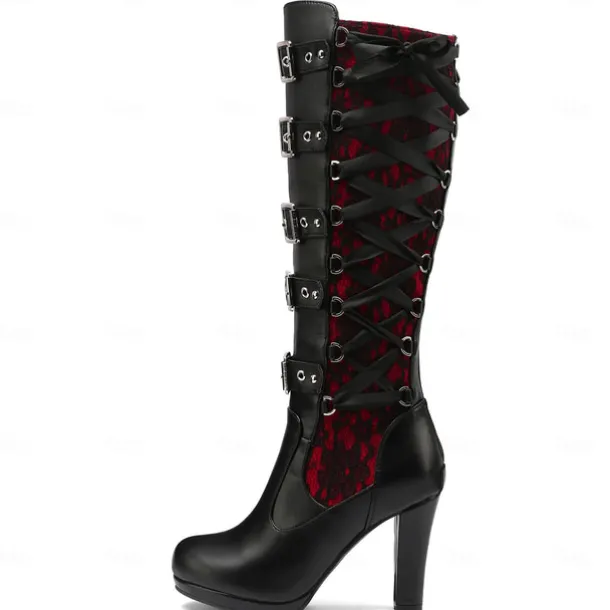 Women's Gothic Lace-Up High Heel Knee-High Boots with Multiple Buckle Straps - Steampunk Style Black Leather Boots with Red Lace Detailing, Perfect for Cosplay and Halloween