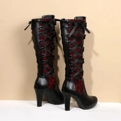 Women's Gothic Lace-Up High Heel Knee-High Boots with Multiple Buckle Straps - Steampunk Style Black Leather Boots with Red Lace Detailing, Perfect for Cosplay and Halloween