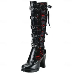 Women's Gothic Lace-Up High Heel Knee-High Boots with Multiple Buckle Straps - Steampunk Style Black Leather Boots with Red Lace Detailing, Perfect for Cosplay and Halloween