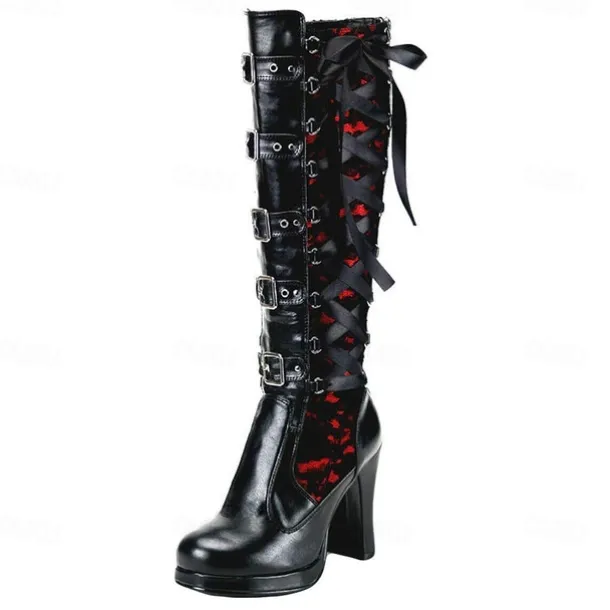 Women's Gothic Lace-Up High Heel Knee-High Boots with Multiple Buckle Straps - Steampunk Style Black Leather Boots with Red Lace Detailing, Perfect for Cosplay and Halloween