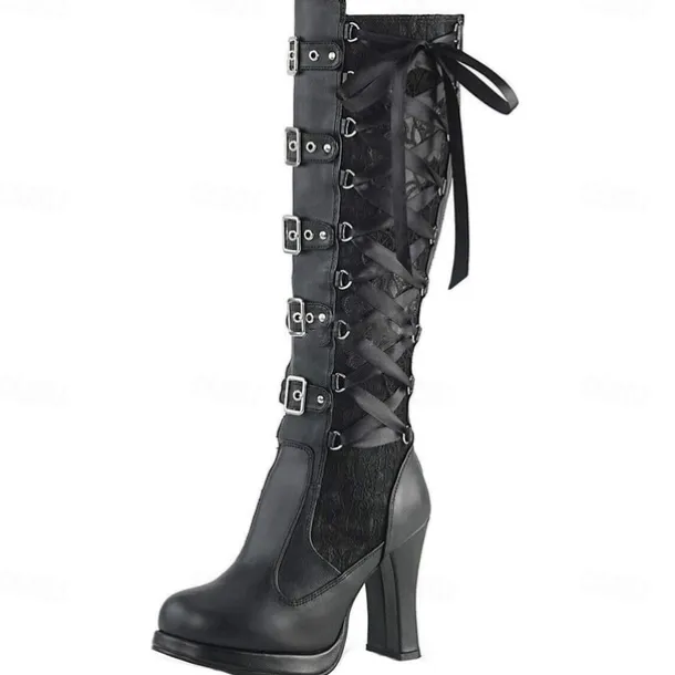 Women's Gothic Lace-Up High Heel Knee-High Boots with Multiple Buckle Straps - Steampunk Style Black Leather Boots with Red Lace Detailing, Perfect for Cosplay and Halloween