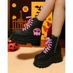 Women's Gothic Platform Combat Boots - Black Chunky Lace-Up Ankle Boots with Pink Skull for Cosplay, Halloween, and Punk Streetwear