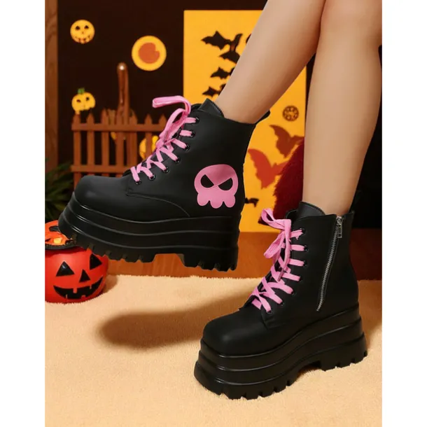 Women's Gothic Platform Combat Boots - Black Chunky Lace-Up Ankle Boots with Pink Skull for Cosplay, Halloween, and Punk Streetwear