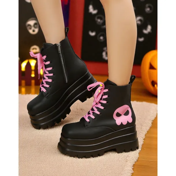 Women's Gothic Platform Combat Boots - Black Chunky Lace-Up Ankle Boots with Pink Skull for Cosplay, Halloween, and Punk Streetwear