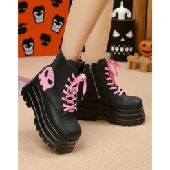 Women's Gothic Platform Combat Boots - Black Chunky Lace-Up Ankle Boots with Pink Skull for Cosplay, Halloween, and Punk Streetwear