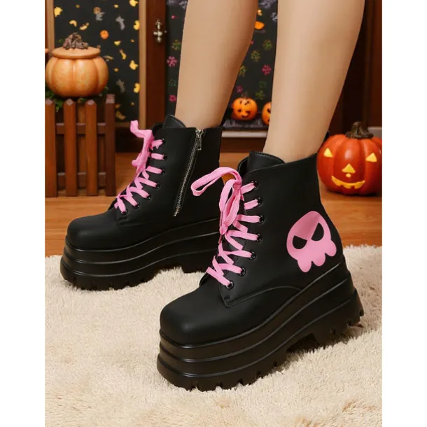 Women's Gothic Platform Combat Boots - Black Chunky Lace-Up Ankle Boots with Pink Skull for Cosplay, Halloween, and Punk Streetwear