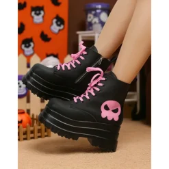 Women's Gothic Platform Combat Boots - Black Chunky Lace-Up Ankle Boots with Pink Skull for Cosplay, Halloween, and Punk Streetwear