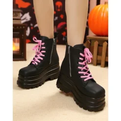 Women's Gothic Platform Combat Boots - Black Chunky Lace-Up Ankle Boots with Pink Skull for Cosplay, Halloween, and Punk Streetwear