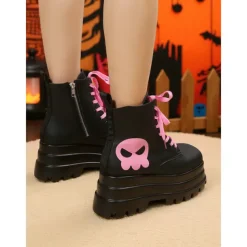 Women's Gothic Platform Combat Boots - Black Chunky Lace-Up Ankle Boots with Pink Skull for Cosplay, Halloween, and Punk Streetwear