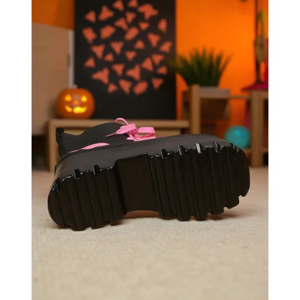 Women's Gothic Platform Combat Boots - Black Chunky Lace-Up Ankle Boots with Pink Skull for Cosplay, Halloween, and Punk Streetwear