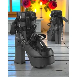 Women's Gothic Platform Lace-Up Boots – Black and Red High Heel Ankle Boots with Chains and Lace Trim for Punk Rock, Halloween & Cosplay Outfits
