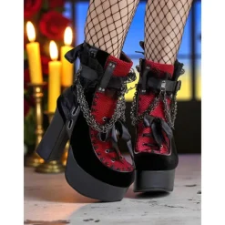 Women's Gothic Platform Lace-Up Boots – Black and Red High Heel Ankle Boots with Chains and Lace Trim for Punk Rock, Halloween & Cosplay Outfits