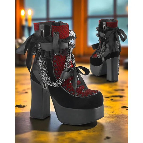 Women's Gothic Platform Lace-Up Boots – Black and Red High Heel Ankle Boots with Chains and Lace Trim for Punk Rock, Halloween & Cosplay Outfits