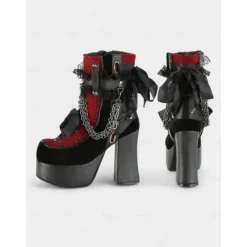 Women's Gothic Platform Lace-Up Boots – Black and Red High Heel Ankle Boots with Chains and Lace Trim for Punk Rock, Halloween & Cosplay Outfits