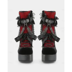 Women's Gothic Platform Lace-Up Boots – Black and Red High Heel Ankle Boots with Chains and Lace Trim for Punk Rock, Halloween & Cosplay Outfits