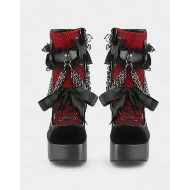 Women's Gothic Platform Lace-Up Boots – Black and Red High Heel Ankle Boots with Chains and Lace Trim for Punk Rock, Halloween & Cosplay Outfits