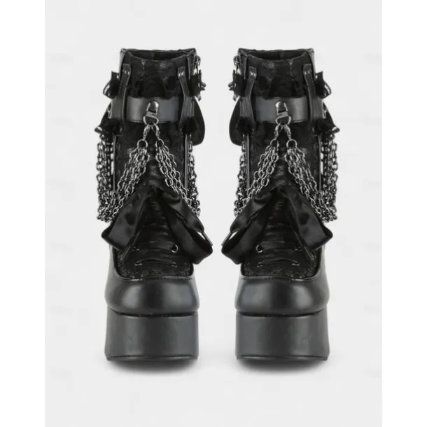 Women's Gothic Platform Lace-Up Boots – Black and Red High Heel Ankle Boots with Chains and Lace Trim for Punk Rock, Halloween & Cosplay Outfits