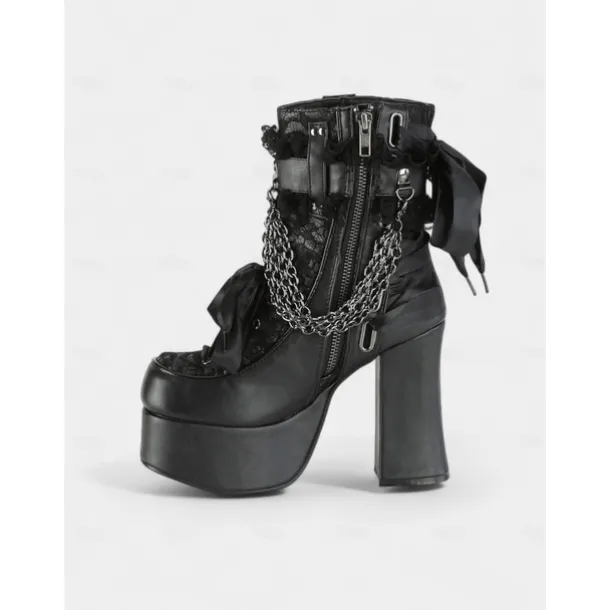 Women's Gothic Platform Lace-Up Boots – Black and Red High Heel Ankle Boots with Chains and Lace Trim for Punk Rock, Halloween & Cosplay Outfits