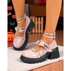 Women's Gothic Platform Mary Jane Shoes - Brown Patent Leather Chunky Heels with Chains and Stud Straps for Halloween,Cosplay,and Punk Rock Outfits