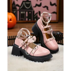 Women's Gothic Platform Mary Jane Shoes - Brown Patent Leather Chunky Heels with Chains and Stud Straps for Halloween,Cosplay,and Punk Rock Outfits