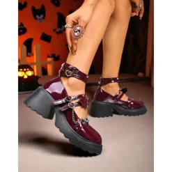 Women's Gothic Platform Mary Jane Shoes - Brown Patent Leather Chunky Heels with Chains and Stud Straps for Halloween,Cosplay,and Punk Rock Outfits