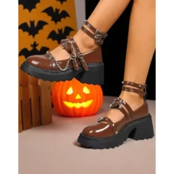 Women's Gothic Platform Mary Jane Shoes - Brown Patent Leather Chunky Heels with Chains and Stud Straps for Halloween,Cosplay,and Punk Rock Outfits