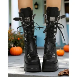 Women's Gothic Punk Platform Knee-High Boots - Black Lace-Up Combat Boots with Buckle and Studded Details for Halloween, Cosplay, and Night Out