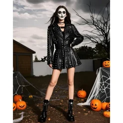 Women's Gothic Punk Platform Knee-High Boots - Black Lace-Up Combat Boots with Buckle and Studded Details for Halloween, Cosplay, and Night Out