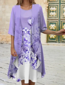 Women's Graduation Dress Midi Dress Wedding Guest Cocktail Dress Chiffon Date Casual Elegant Two Piece Dress Set Spring Crew Neck Half Sleeve Floral Loose Fit Pink Blue Purple