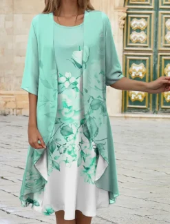 Women's Graduation Dress Midi Dress Wedding Guest Cocktail Dress Chiffon Date Casual Elegant Two Piece Dress Set Spring Crew Neck Half Sleeve Floral Loose Fit Pink Blue Purple