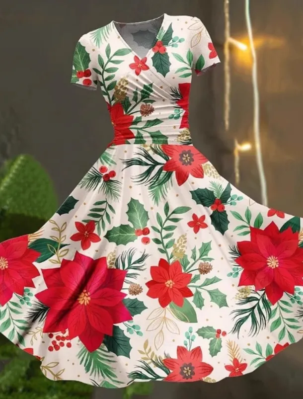 Women's Graphic Print V Neck Midi Dress Casual Vacation Daily Short Sleeve Summer