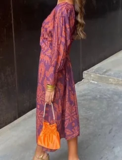 Women's Graphic Print V Neck Maxi Dress Long Sleeve Spring Fall