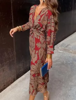 Women's Graphic Print V Neck Maxi Dress Long Sleeve Spring Fall