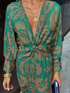 Women's Graphic Print V Neck Maxi Dress Long Sleeve Spring Fall