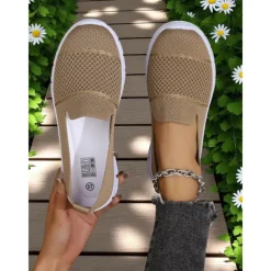 Women's Gray Flyknit Slip-On Sneakers – Everyday Trainers for Walking, Running Errands and Park Leisure