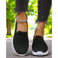 Women's Gray Flyknit Slip-On Sneakers – Everyday Trainers for Walking, Running Errands and Park Leisure