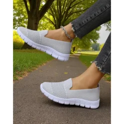 Women's Gray Flyknit Slip-On Sneakers – Everyday Trainers for Walking, Running Errands and Park Leisure