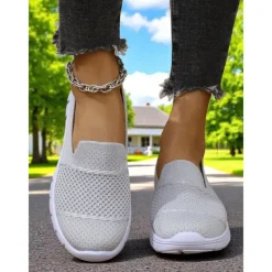 Women's Gray Flyknit Slip-On Sneakers – Everyday Trainers for Walking, Running Errands and Park Leisure