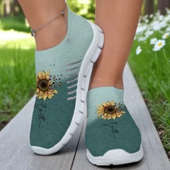 Women's Gray Fly-knit Slip-On Sneakers with Sunflower Print – Lightweight Casual Walking Shoes for Travel, Daily Wear and Spring Outings