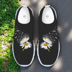 Women's Gray Fly-knit Slip-On Sneakers with Sunflower Print – Lightweight Casual Walking Shoes for Travel, Daily Wear and Spring Outings