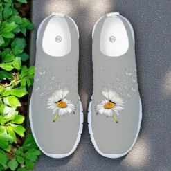 Women's Gray Fly-knit Slip-On Sneakers with Sunflower Print – Lightweight Casual Walking Shoes for Travel, Daily Wear and Spring Outings