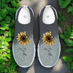 Women's Gray Fly-knit Slip-On Sneakers with Sunflower Print – Lightweight Casual Walking Shoes for Travel, Daily Wear and Spring Outings
