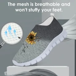 Women's Gray Fly-knit Slip-On Sneakers with Sunflower Print – Lightweight Casual Walking Shoes for Travel, Daily Wear and Spring Outings