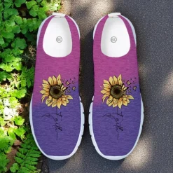 Women's Gray Fly-knit Slip-On Sneakers with Sunflower Print – Lightweight Casual Walking Shoes for Travel, Daily Wear and Spring Outings