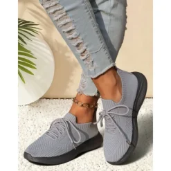 Women's Gray Lightweight Knit Lace-Up Sneakers – Breathable Athletic Shoes for Running, Walking and Everyday Comfort